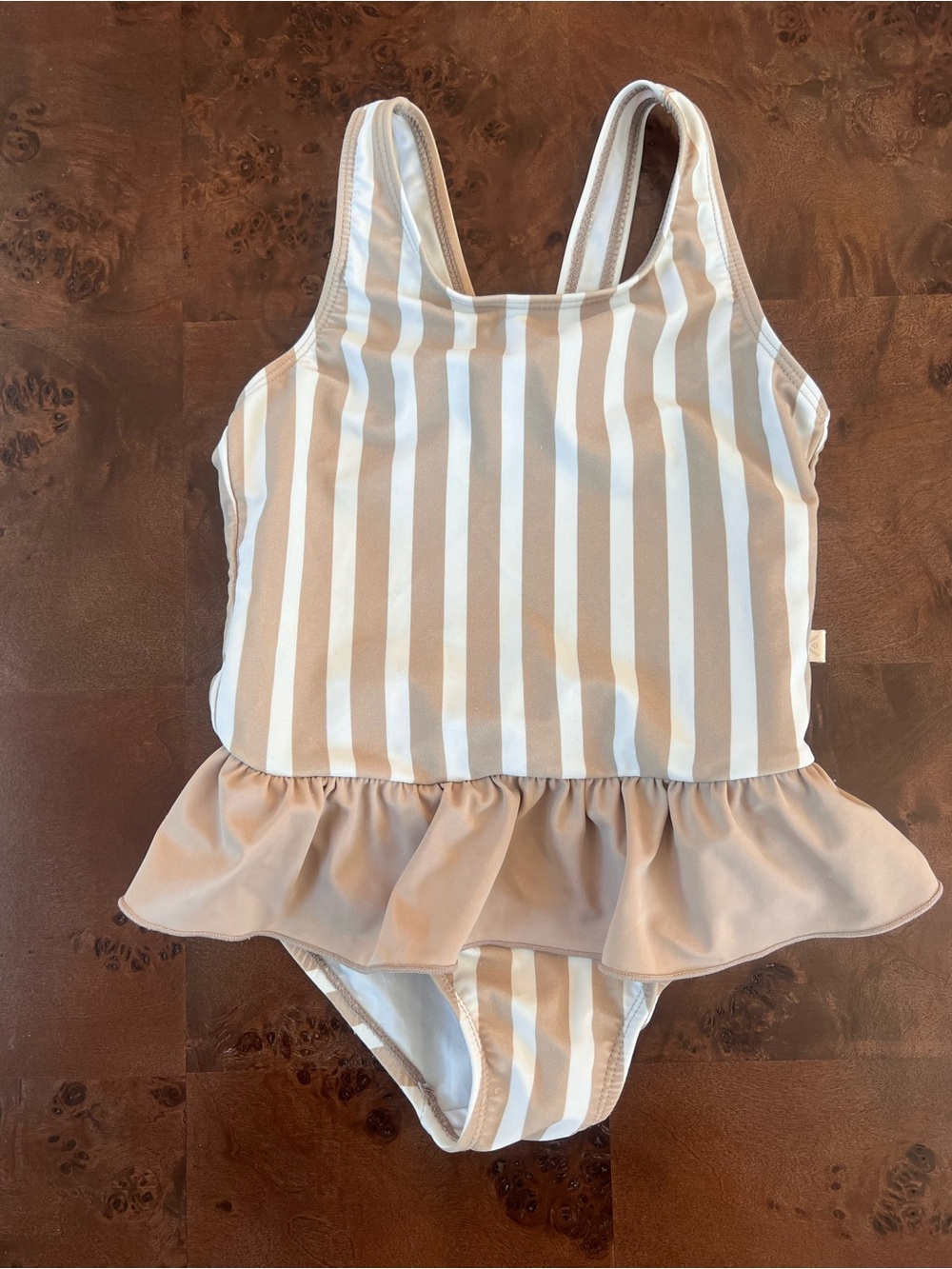 Girls Striped Ruffle One-Piece Swimsuit in Beige & White
